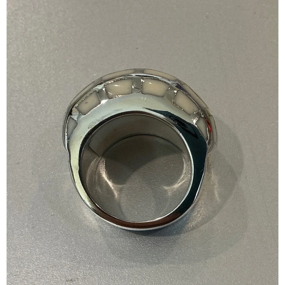 Chunky Stainless Steel Ring White‎ Brick Pattern Statement Band Size 7
